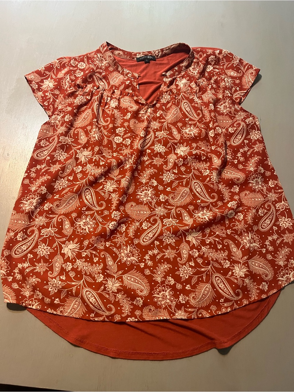 PAPERMOON Rust Orange Paisley Split Neck Cap Sleeve Blouse Top Sz L